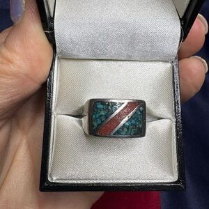 Ring Vintage 925 Sterling Silver Turquoise & Coral Inlay